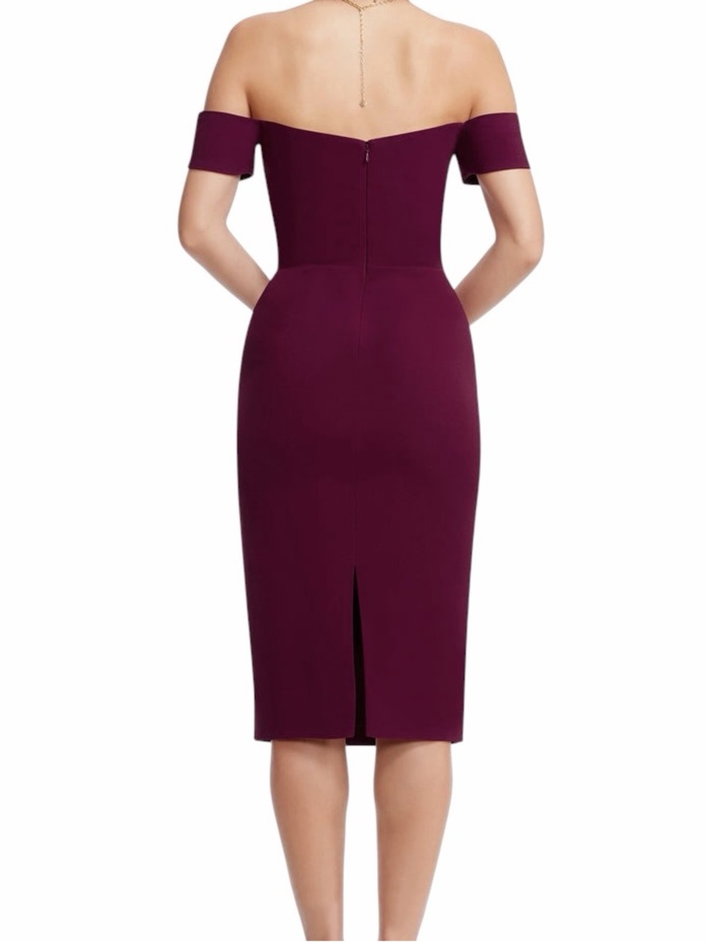 DRESS THE POPULATION Bailey Dress Off-Shoulder Bodycon Midi Dark Magenta M - Picture 2 of 11